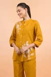 Shop_Naintara Bajaj_Mustard Cotton, Linen Embroidery Mandarin Collar Kurta And Pant Set _Online_at_Aza_Fashions