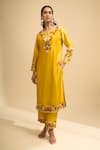 Buy_Naintara Bajaj_Yellow Silk Embroidery Split V-neck Kurta And Pant Set _at_Aza_Fashions