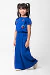 Partykles_Blue Cotton Satin Beads, Embroidery Cherry Top And Pant Set _Online_at_Aza_Fashions