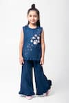 Partykles_Navy Cotton Satin Embroidery, Beads Planet Top And Pant Set _Online_at_Aza_Fashions
