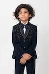 Shop_Partykles_Navy Polyester, Suiting Beads, Embroidery Floral Tuxedo Set _Online_at_Aza_Fashions