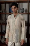 Buy_Mishru_Ivory Chanderi, Cotton, Lycra Embroidery Levi Shirt Kurta And Pant Set _Online_at_Aza_Fashions