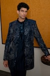 Buy_Mishru_Navy Chanderi, Cotton, Lycra Embroidery, Sequins Arsh Open Sherwani Set _Online_at_Aza_Fashions