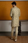 Shop_Mishru_Olive Green Tussar, Cotton, Lycra Embroidery, Brooches Rhys Sherwani Set _at_Aza_Fashions