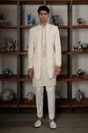 Mishru_Ivory Dupion, Organza, Cotton, Lycra Sequins, Embroidery Zale Open Sherwani Set _Online_at_Aza_Fashions