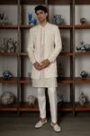 Buy_Mishru_Ivory Dupion, Organza, Cotton, Lycra Sequins, Embroidery Zale Open Sherwani Set _Online_at_Aza_Fashions