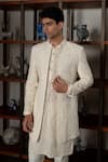 Shop_Mishru_Ivory Dupion, Organza, Cotton, Lycra Sequins, Embroidery Zale Open Sherwani Set _Online_at_Aza_Fashions