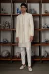 Mishru_Ivory Dupion, Organza, Cotton, Lycra Sequins, Embroidery Zale Open Sherwani Set _at_Aza_Fashions