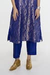 Buy_Ekaya Banaras_Blue Satin, Silk Zari Mandarin Collar Floral Handwoven Kurta And Pant Set _Online_at_Aza_Fashions