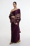 Ekaya Banaras_Purple Satin Embroidery, Metallic Thread Handwoven Garnet Saree _at_Aza_Fashions
