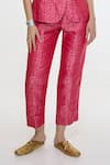 Ekaya Banaras_Fuchsia Satin, Silk Round Neck Floral Handwoven Waistcoat And Pant Co-ord Set _Online_at_Aza_Fashions
