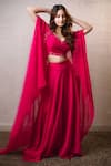 Buy_Dajwaree_Fuchsia Dupion, Silk Beads, Sequins, Embroidery V-neck Panag Cape Palazzo Set _Online_at_Aza_Fashions