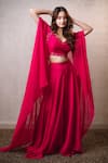 Buy_Dajwaree_Fuchsia Dupion, Silk Beads, Sequins, Embroidery V-neck Panag Cape Palazzo Set _at_Aza_Fashions