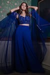 Shop_Dajwaree_Blue Georgette Beads Open Neck, Sweetheart Sejeh Embroidered Blouse Palazzo Set _at_Aza_Fashions
