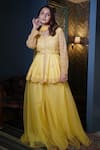 Dajwaree_Yellow Net, Organza Embroidery V-neck Bloom Peplum Kurta Palazzo Set _Online_at_Aza_Fashions