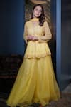 Buy_Dajwaree_Yellow Net, Organza Embroidery V-neck Bloom Peplum Kurta Palazzo Set _at_Aza_Fashions