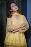 Buy_Dajwaree_Yellow Net, Organza Embroidery V-neck Bloom Peplum Kurta Palazzo Set _Online_at_Aza_Fashions