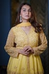 Shop_Dajwaree_Yellow Net, Organza Embroidery V-neck Bloom Peplum Kurta Palazzo Set _Online_at_Aza_Fashions