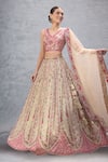 Buy_Samyukta Singhania_Cream Tissue Embroidery, Sequins, Stones, Beads V-neck Floral Hand Lehenga Set _at_Aza_Fashions