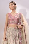 Samyukta Singhania_Cream Tissue Embroidery, Sequins, Stones, Beads V-neck Floral Hand Lehenga Set _at_Aza_Fashions
