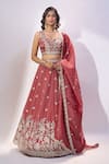 Buy_Samyukta Singhania_Rose Gold Tissue Embroidery, Sequins, Stones Sweetheart Neck Floral Lehenga Set _Online_at_Aza_Fashions