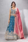 Buy Samyukta Singhania Teal Silk Embroidery, Sequins, Zari V-neck Lehenga Set at Aza Fashions Buy_Samyukta Singhania_Teal Silk Embroidery, Sequins, Zari V-neck Lehenga Set _at_Aza_Fashions