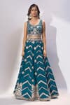 Buy_Samyukta Singhania_Teal Silk Embroidery, Sequins, Zari Sweetheart Neck, Lehenga Blouse Set _Online_at_Aza_Fashions