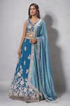 Buy_Samyukta Singhania_Teal Silk Embroidery, Sequins, Zari V-, Scoop Blouse Lehenga Set _at_Aza_Fashions