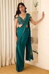 Buy_Richa Jaisinghani Label_Teal Georgette Beads, Sequins, Embroidery Mirage Pre-draped Saree And Blouse Set _at_Aza_Fashions