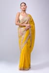 Azeera_Yellow Organza Embroidery, Sequins, Mustard Saree With Unstitched Blouse Piece _at_Aza_Fashions