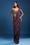 Samyukta Singhania_Wine Georgette Sequins Sweetheart Neck Hand Work Pre-draped Saree And Blouse _Online_at_Aza_Fashions