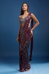 Buy_Samyukta Singhania_Wine Georgette Sequins Sweetheart Neck Hand Work Pre-draped Saree And Blouse _at_Aza_Fashions