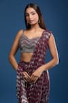 Samyukta Singhania_Wine Georgette Sequins Sweetheart Neck Hand Work Pre-draped Saree And Blouse _at_Aza_Fashions