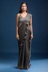 Buy_Samyukta Singhania_Gray Chinon Sequins, Beads, Embroidery Ruffled Pre-draped Saree And Blouse _Online_at_Aza_Fashions
