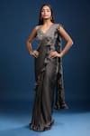 Buy_Samyukta Singhania_Gray Chinon Sequins, Beads, Embroidery Ruffled Pre-draped Saree And Blouse _at_Aza_Fashions