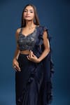 Samyukta Singhania Blue Chinon Ruffles, Beads, Sequins, Pre-draped Saree And Embroidered Blouse Online at Aza Fashions Samyukta Singhania_Blue Chinon Ruffles, Beads, Sequins, Pre-draped Saree And Embroidered Blouse _Online_at_Aza_Fashions
