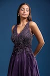 Samyukta Singhania_Purple Net Beads, Sequins V-neck Embellished Flared A-line Gown _Online_at_Aza_Fashions