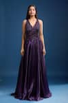 Buy_Samyukta Singhania_Purple Net Beads, Sequins V-neck Embellished Flared A-line Gown _Online_at_Aza_Fashions