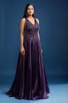 Shop_Samyukta Singhania_Purple Net Beads, Sequins V-neck Embellished Flared A-line Gown _Online_at_Aza_Fashions
