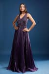 Samyukta Singhania_Purple Net Beads, Sequins V-neck Embellished Flared A-line Gown _at_Aza_Fashions