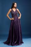Buy_Samyukta Singhania_Purple Net Beads, Sequins V-neck Embellished Flared A-line Gown _at_Aza_Fashions
