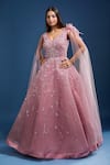Shop_Samyukta Singhania_Pink Net Embroidery, Sequins, Stones V-neck Cape Sleeve Ball Gown _Online_at_Aza_Fashions
