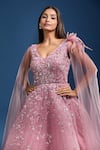 Samyukta Singhania_Pink Net Embroidery, Sequins, Stones V-neck Cape Sleeve Ball Gown _at_Aza_Fashions