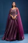 Samyukta Singhania_Wine Tissue Sequins, Stones, Embroidery Scoop Neck Cape Sleeve Flared Gown _Online_at_Aza_Fashions