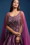 Buy_Samyukta Singhania_Wine Tissue Sequins, Stones, Embroidery Scoop Neck Cape Sleeve Flared Gown _Online_at_Aza_Fashions