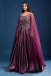 Shop_Samyukta Singhania_Wine Tissue Sequins, Stones, Embroidery Scoop Neck Cape Sleeve Flared Gown _Online_at_Aza_Fashions