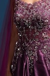 Samyukta Singhania_Wine Tissue Sequins, Stones, Embroidery Scoop Neck Cape Sleeve Flared Gown _at_Aza_Fashions