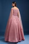 Shop_Samyukta Singhania_Pink Net Sequins, Stones, Embroidery Sweetheart Off Gown With Cape Sleeves _at_Aza_Fashions