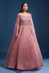 Samyukta Singhania_Pink Net Sequins, Stones, Embroidery Sweetheart Off Gown With Cape Sleeves _Online_at_Aza_Fashions