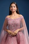 Buy_Samyukta Singhania_Pink Net Sequins, Stones, Embroidery Sweetheart Off Gown With Cape Sleeves _Online_at_Aza_Fashions